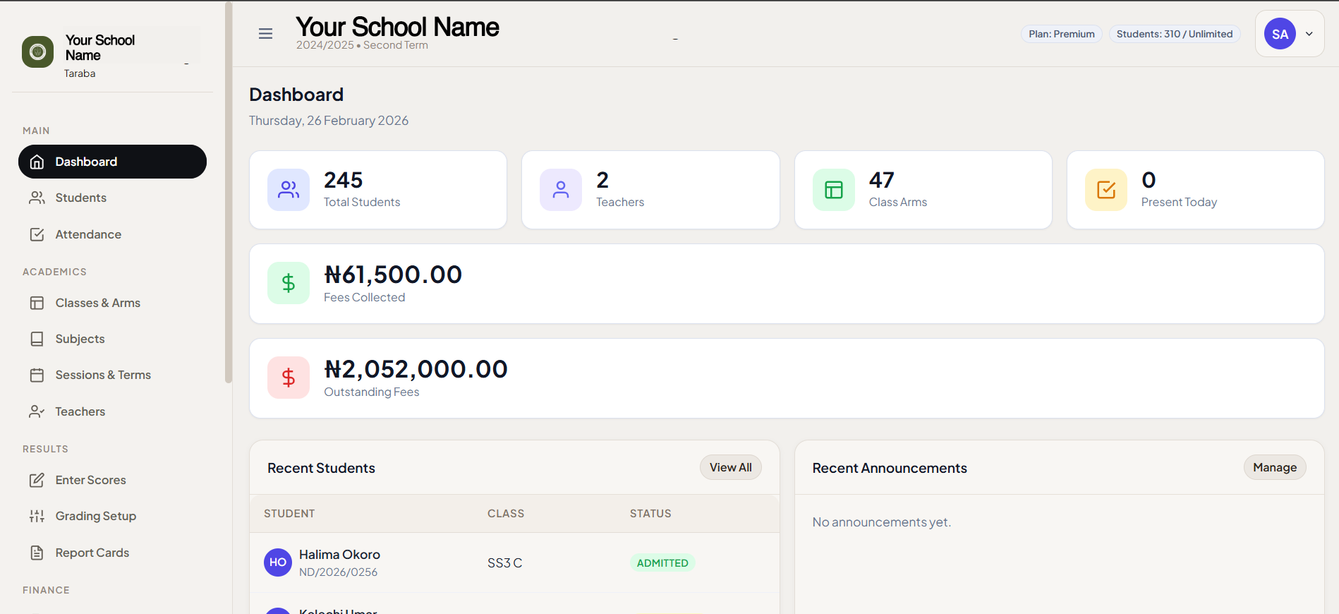 Ischola dashboard showcase